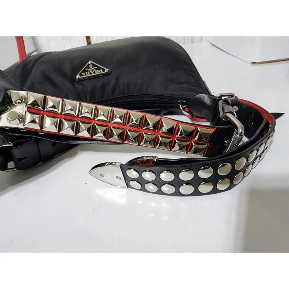 PRADA Tessuto Nylon Studded New Vela Hobo Bag Black